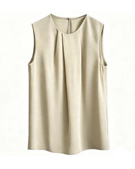 Triacetate Pleated Crew Neck Sleeveless Blouse
