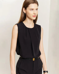 Triacetate Pleated Crew Neck Sleeveless Blouse
