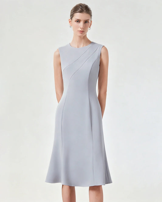 Triacetate Sleeveless Midi Dress with Fluted Hem