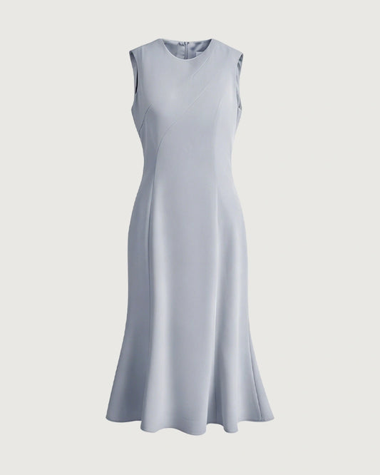 Triacetate Sleeveless Midi Dress with Fluted Hem
