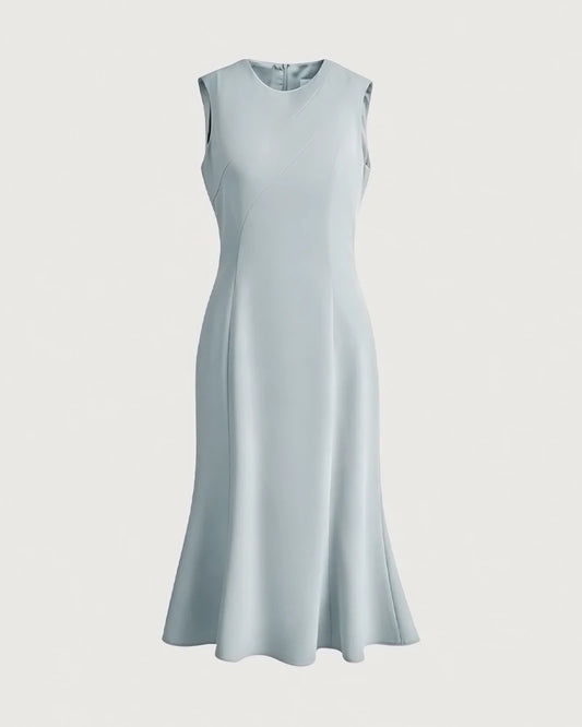 Triacetate Sleeveless Midi Dress with Fluted Hem