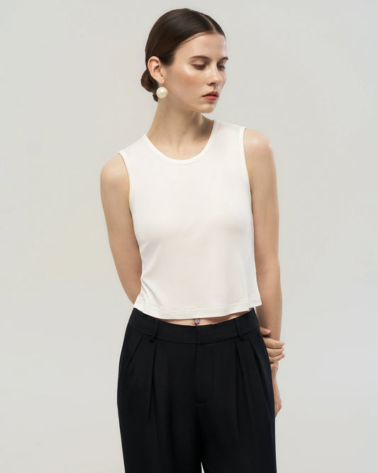 Washable Silk Jersey Crew Neck Cropped Tank
