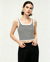 Striped Washable Silk Jersey Cropped Tank