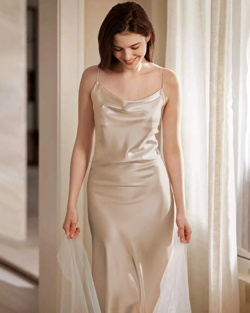 Long Washable Silk Slip Nightgown, Champagne