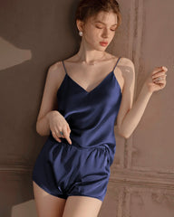 Washable Silk PJ Shorts Set, Navy