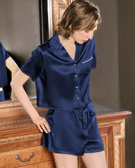 Cute Washable Silk Short Pajama Set, Navy