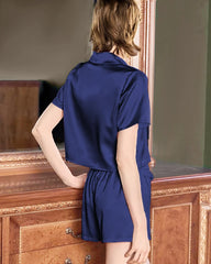 Cute Washable Silk Short Pajama Set, Navy