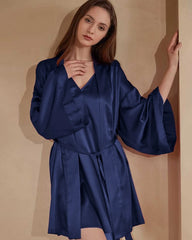 Washable Silk Short Robe for Women, Navy