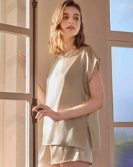 Washable Silk Short Sleeve Pajama Set, Champagne