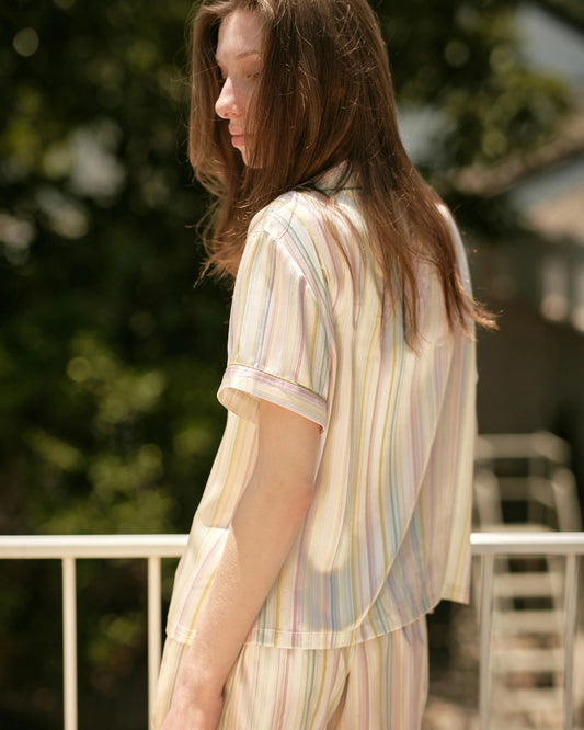 Pastel Striped Short Sleeve Silk Pajama Set