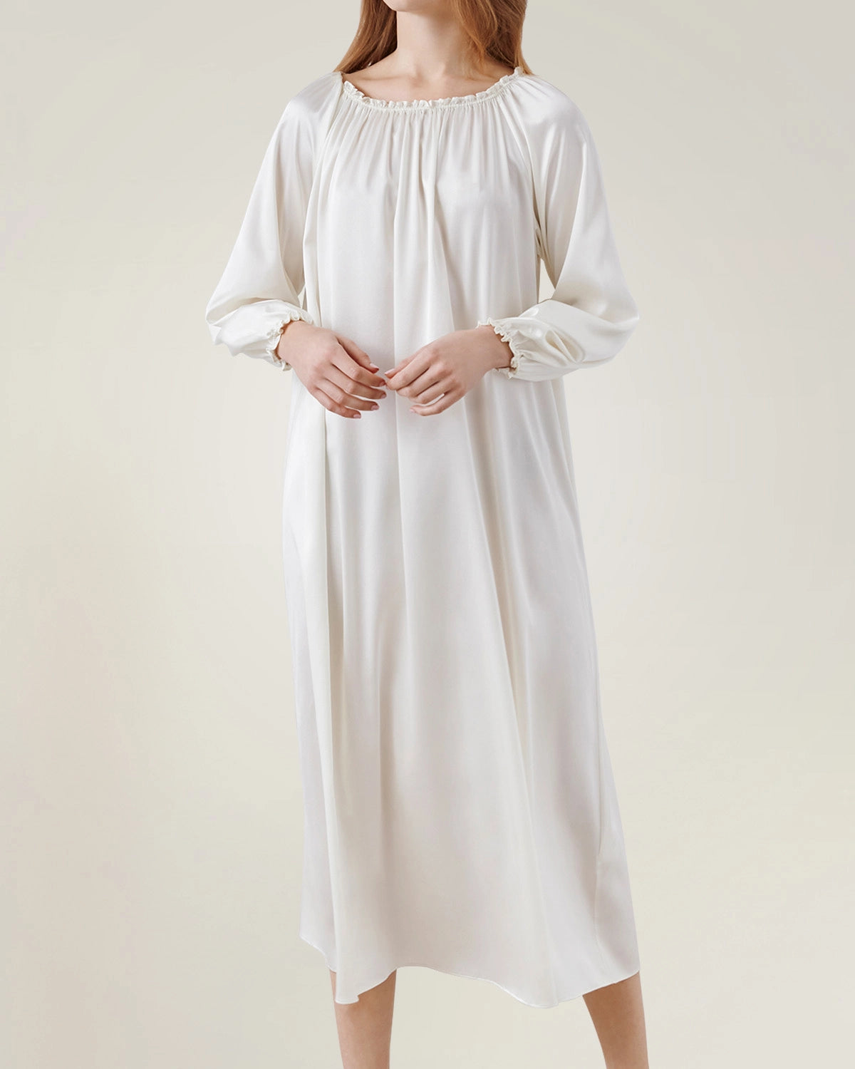 Silk Long Sleeve Nightgown with Ruched Detail