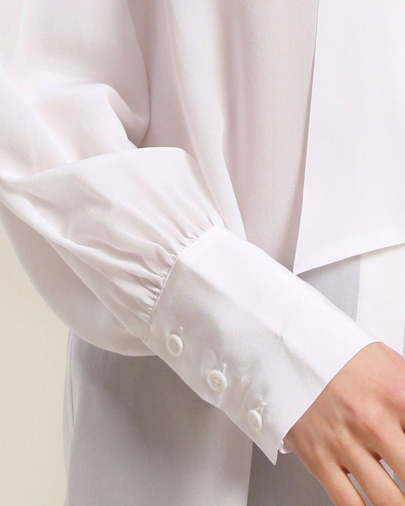 Bow Tie Ruched Silk Blouse, White
