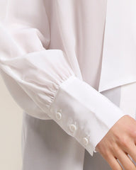 Bow Tie Ruched Silk Blouse, White