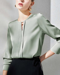 Women's Silk Blouse with Slit, Green