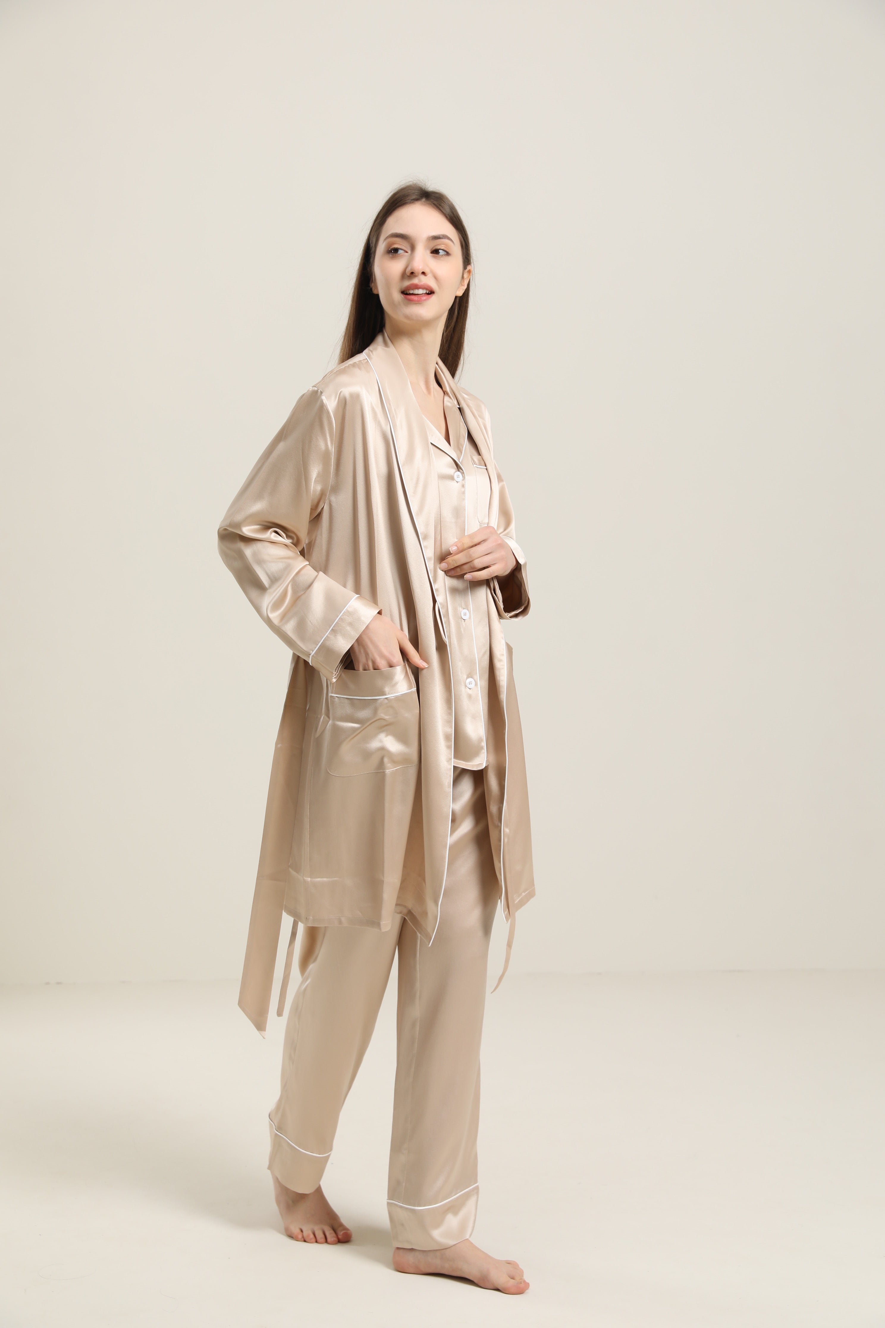  Classic Mid Length Silk Robe For Women, Champagne