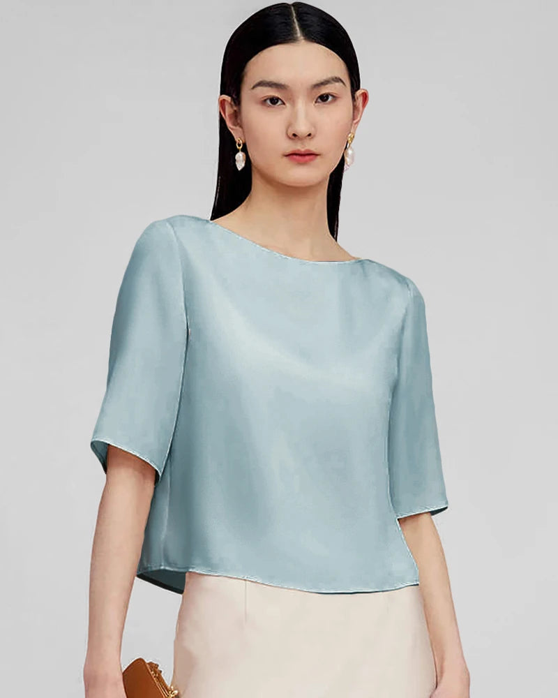 Half Sleeve Basic Silk Blouse, Blue