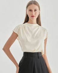 Stand Collar Cap Sleeve Silk Shirt, Cream