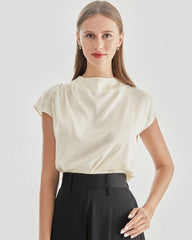 Stand Collar Cap Sleeve Silk Shirt, Cream