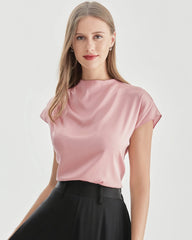 Stand Collar Cap Sleeve Silk Shirt, Pink