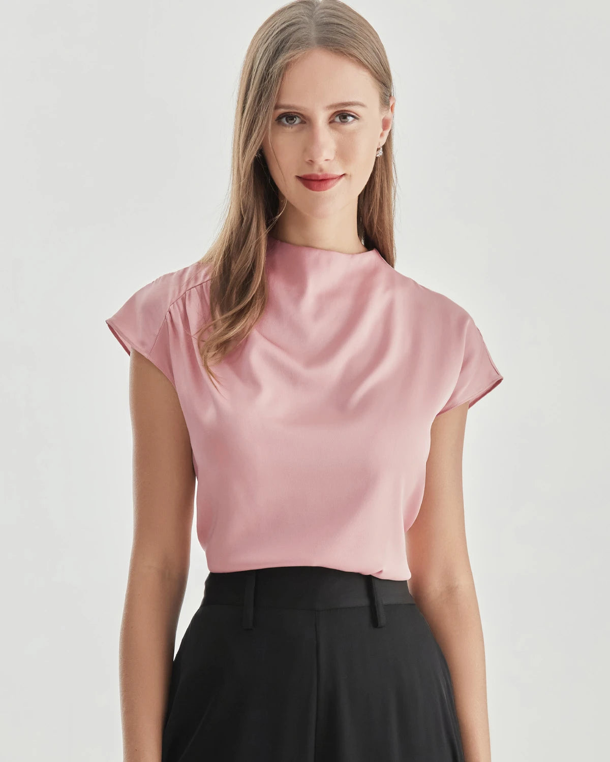 Stand Collar Cap Sleeve Silk Shirt, Pink