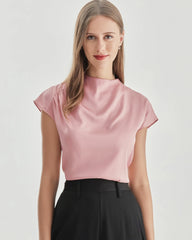 Stand Collar Cap Sleeve Silk Shirt, Pink