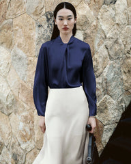 25 Momme Silk Knot Neck Long Sleeve Blouse