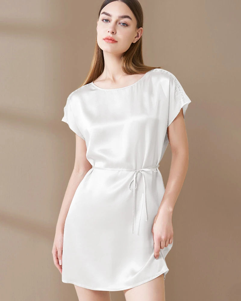Washable Silk and Lace Pajama Dress,  White