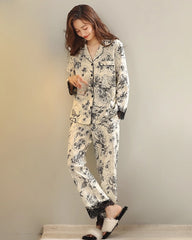 Floral Lace Trim Long Sleeve Silk Pajama Set
