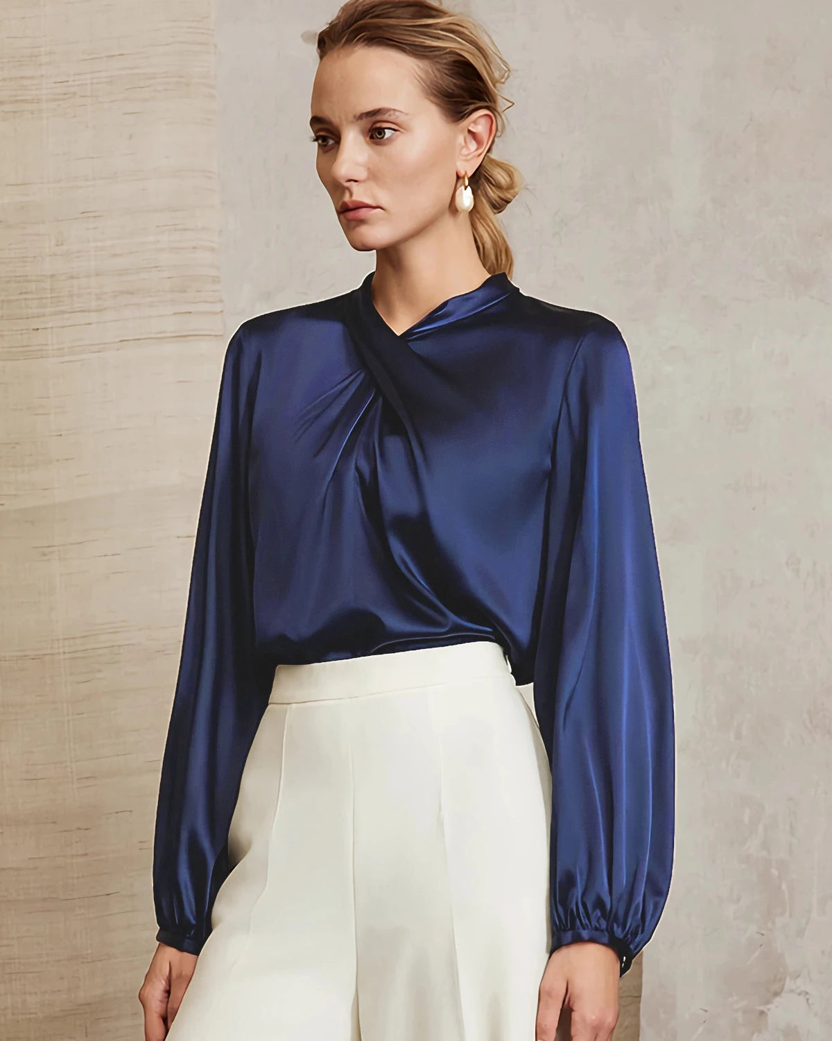 Silk Blouse with Ruched Neck and Tie Back