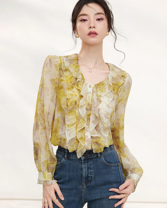 Yellow Silk Floral Ruffle Long Sleeve Blouse