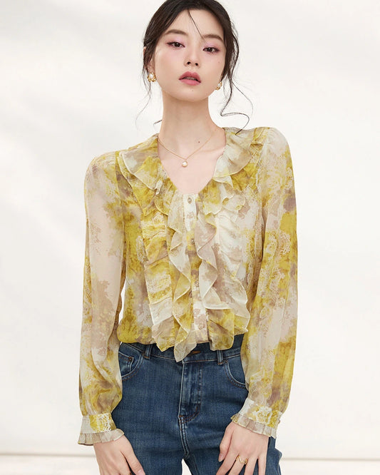Yellow Silk Floral Ruffle Long Sleeve Blouse