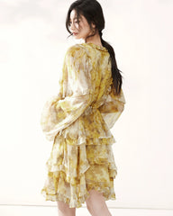 Long Sleeve Yellow Silk Mini Dress with Ruffles
