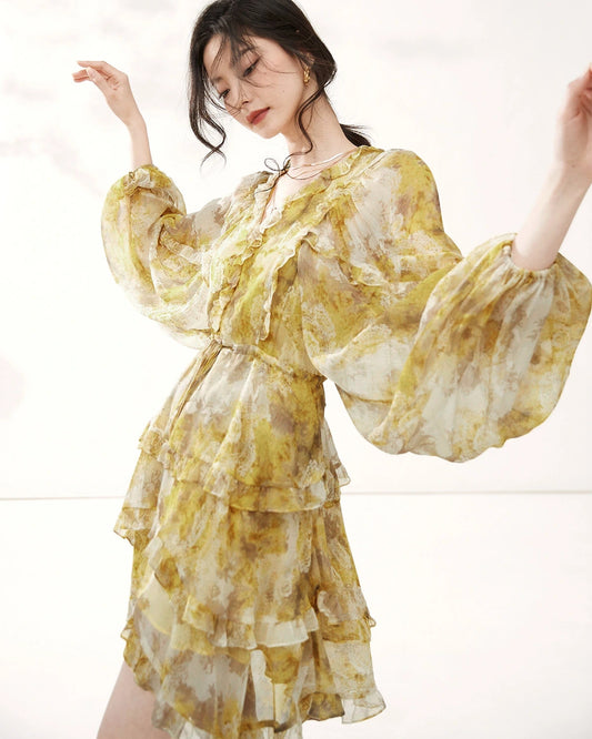 Long Sleeve Yellow Silk Mini Dress with Ruffles