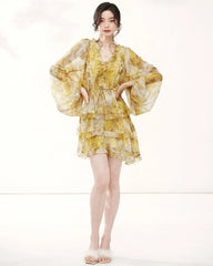 Long Sleeve Yellow Silk Mini Dress with Ruffles
