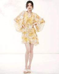 Long Sleeve Yellow Silk Mini Dress with Ruffles