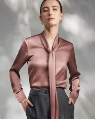 30 Momme Silk Tie-Front Long Sleeve Blouse
