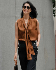 Tie Neck Sleeveless Silk Blouse, Brown