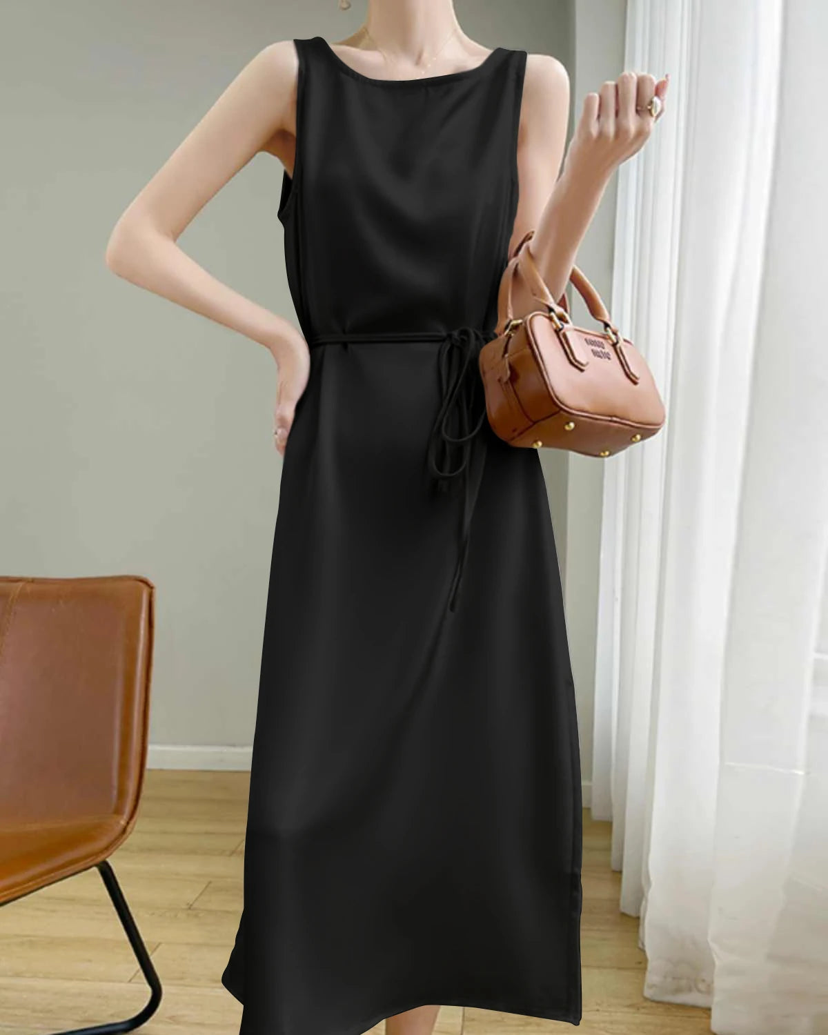 Sleeveless Silk Sheath Dress, Black