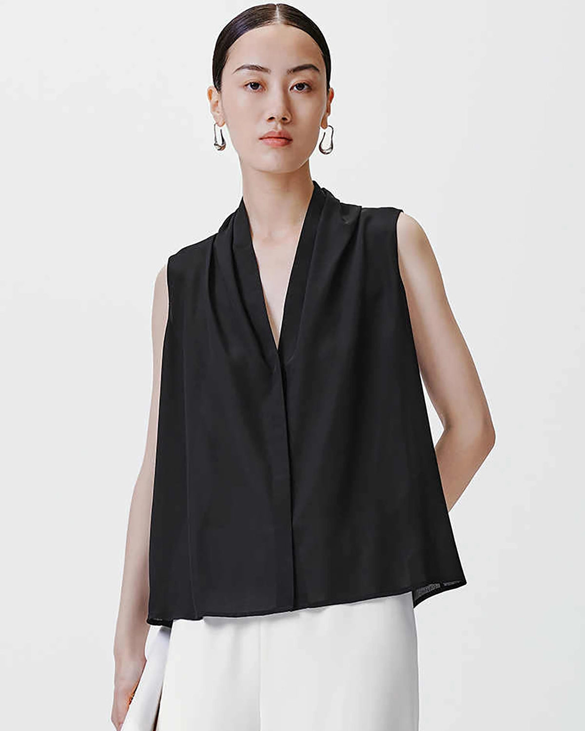 V-neck Pleated Silk Tank Top, Black