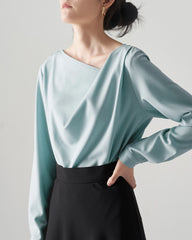 Women's Asymmetrical Neck Silk Blouse, Light Blue