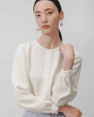 Round Neck Pleated Silk Blouse, Cream