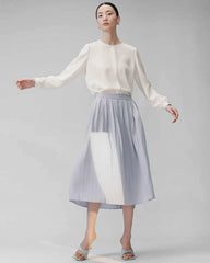 Round Neck Pleated Silk Blouse, Cream