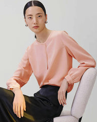 Round Neck Pleated Silk Blouse, Pink
