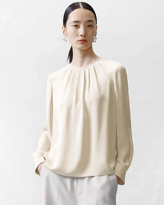 Crew Neck Pleated Silk Blouse, Cream