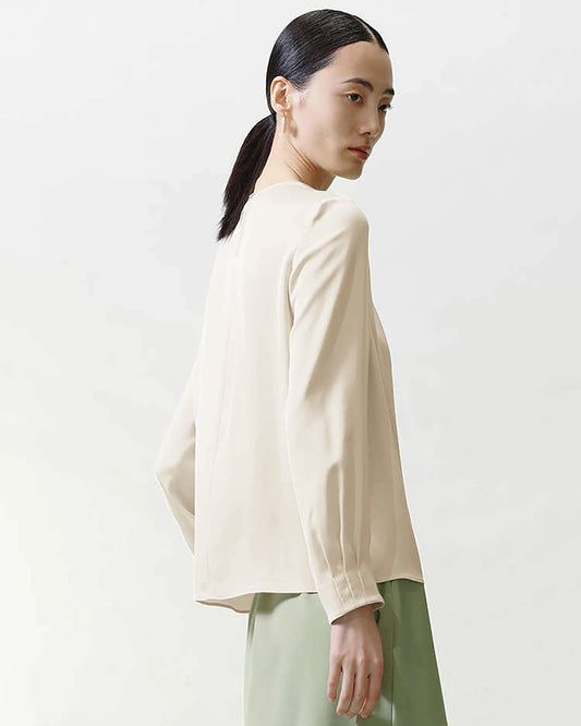 Crew Neck Pleated Silk Blouse, Cream