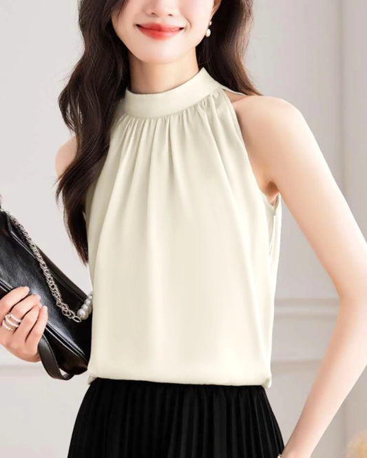 Mock Neck Sleeveless Silk Blouse, Cream