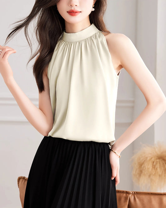 Mock Neck Sleeveless Silk Blouse, Cream