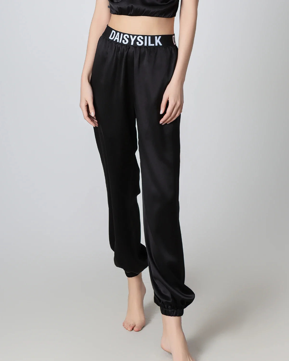Elastic Waist Loose Ankle Cuffed Silk Pant for Women, Black