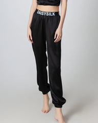 Elastic Waist Loose Ankle Cuffed Silk Pant for Women, Black