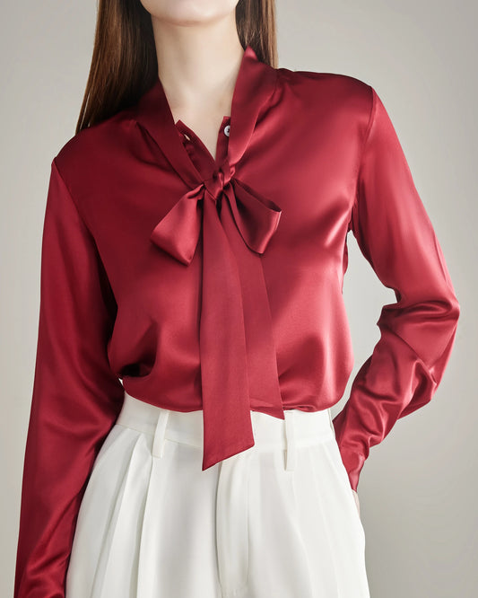 Elegant Silk Bow Tie Blouse Red